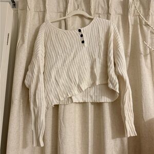 American Eagle Cream Cropped Knit Sweater with Button Detail